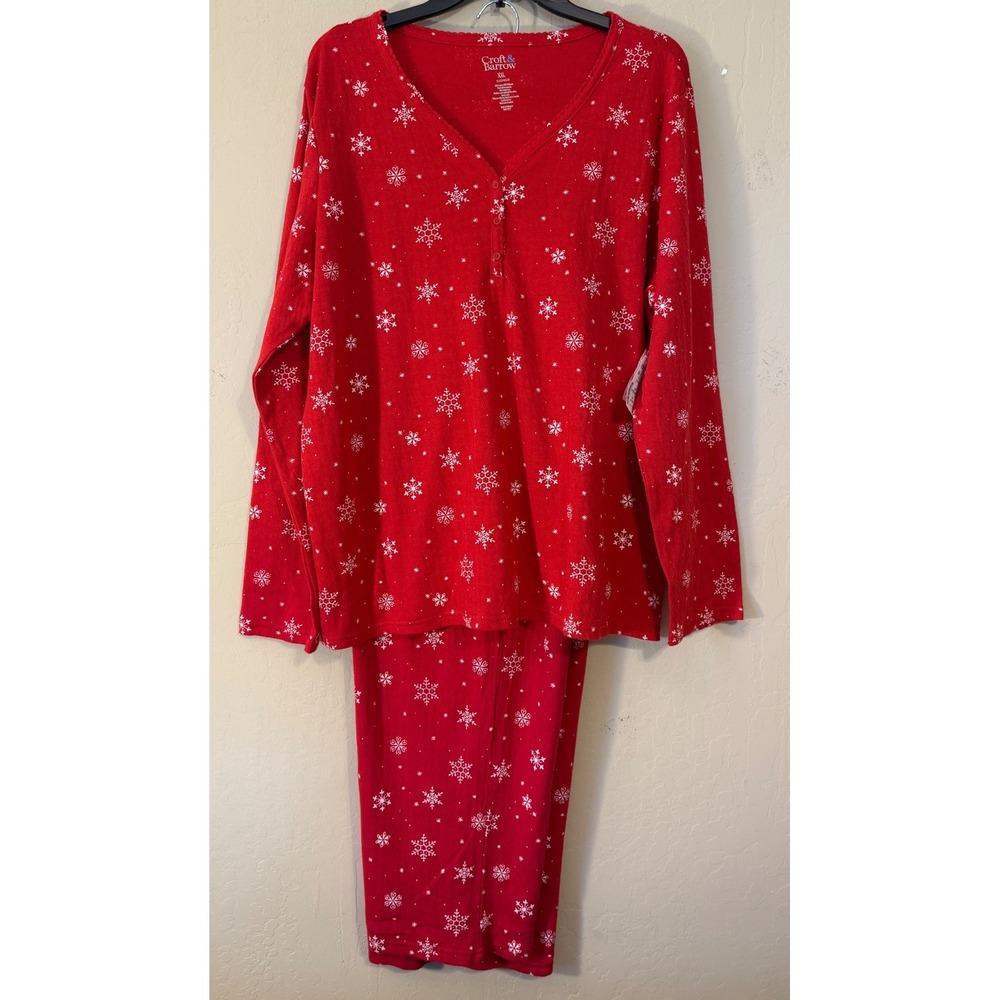 Croft & Barrow Pajama Set Women XXL Red Snowflake Sleepwear Henley 2pc NEW